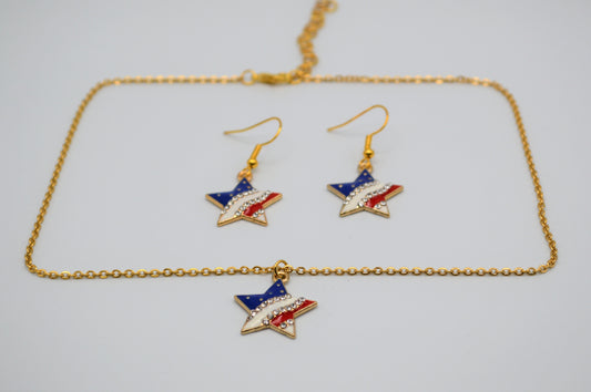 Enamel Star Flag Earrings and Necklace Set