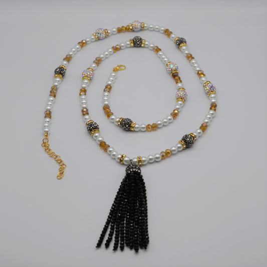 Black and Topaz Crystal and Pearl Tassel Necklace