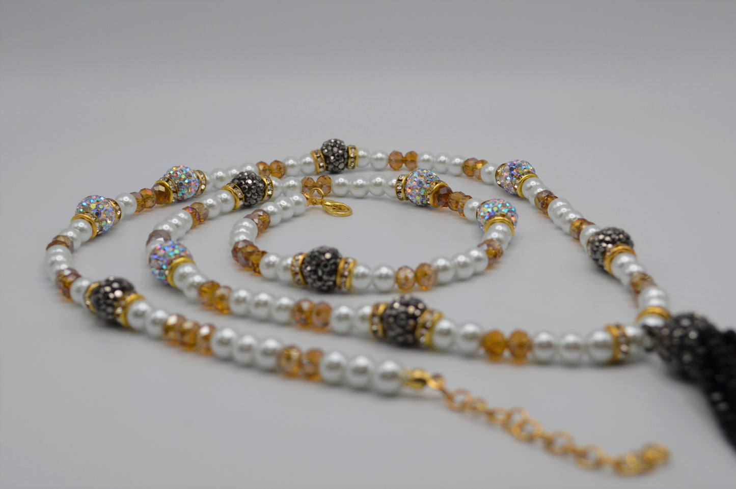 Black and Topaz Crystal and Pearl Tassel Necklace