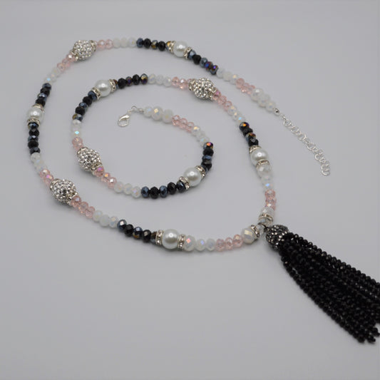 Pink, Black and White Crystal and Pearl Tassel Necklace