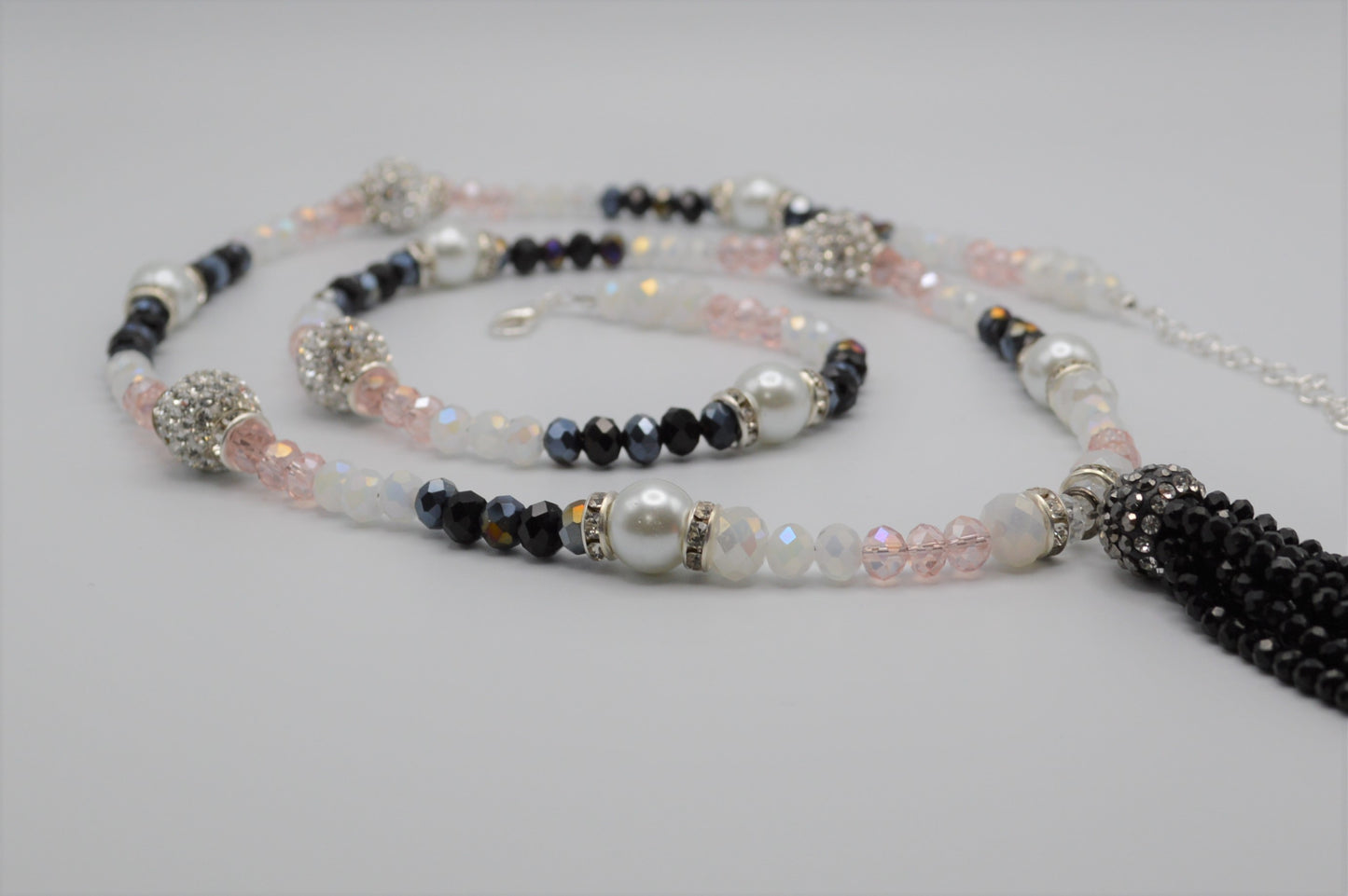Pink, Black and White Crystal and Pearl Tassel Necklace