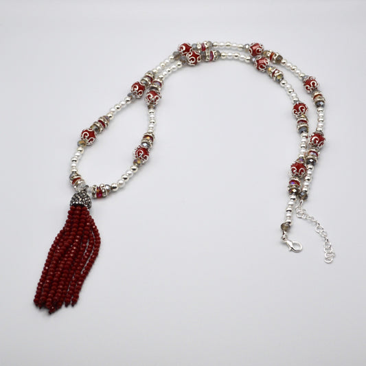 Red Crystal and Pearl Tassel Necklace