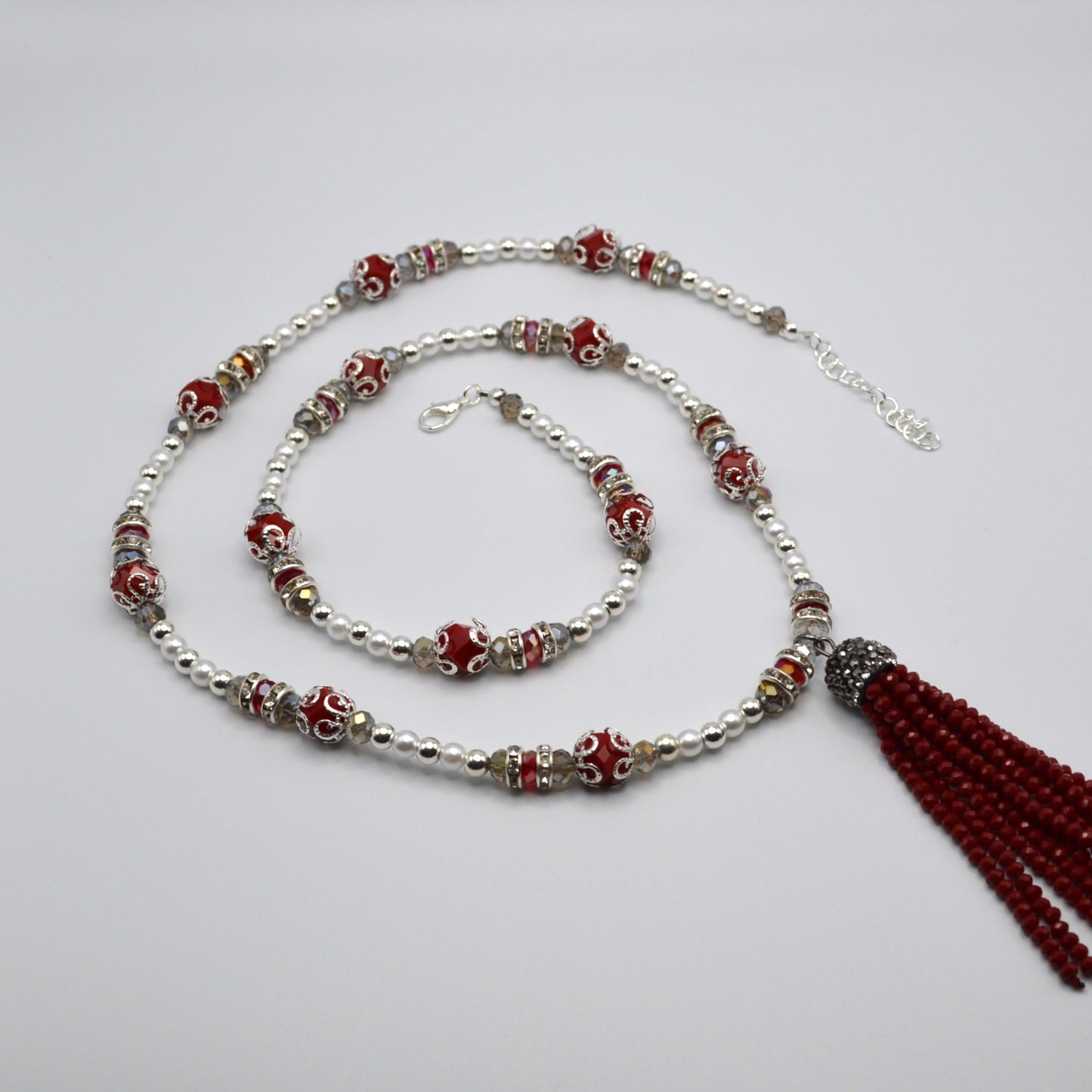 Red Crystal and Pearl Tassel Necklace