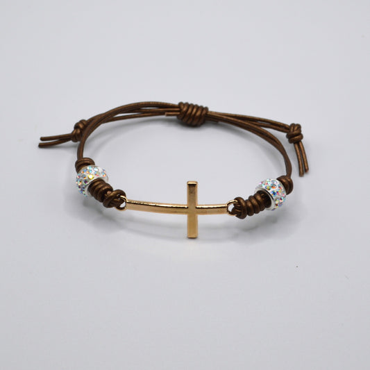 Gold Cross and Rhinestone Beads on a Leather Cord Bracelet