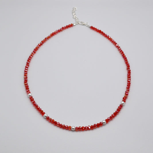 4 mm Cherry Red Crystals and Pearl Necklace
