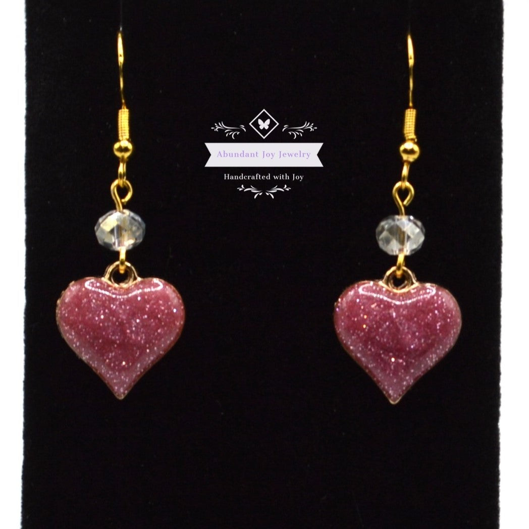 Dusty Mauve Pink Glitter Heart Earrings with Clear Crystals Christmas Valentine's Gift for Her