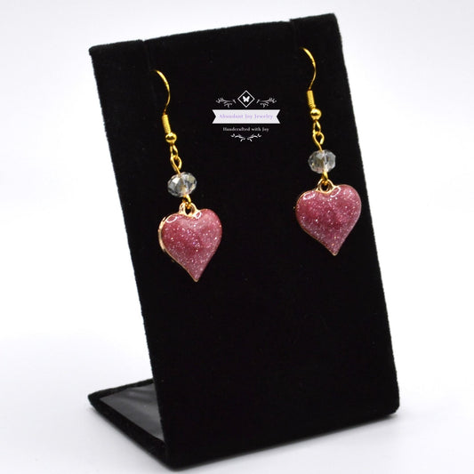 Dusty Mauve Pink Glitter Heart Earrings with Clear Crystals Christmas Valentine's Gift for Her