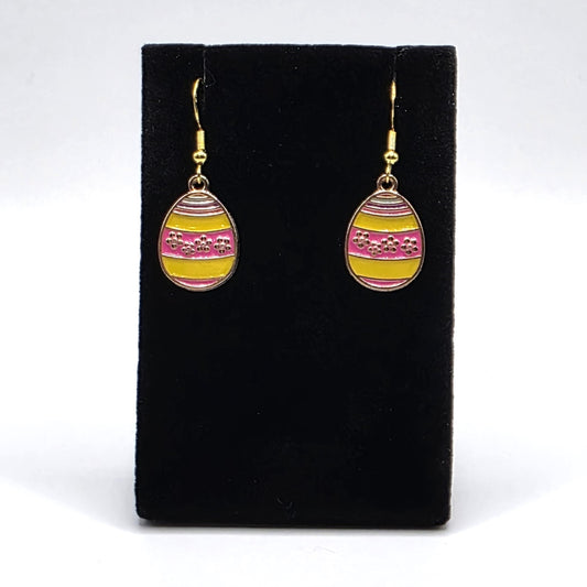 Pink, Purple, and Yellow Striped Easter Egg with Flowers Earrings