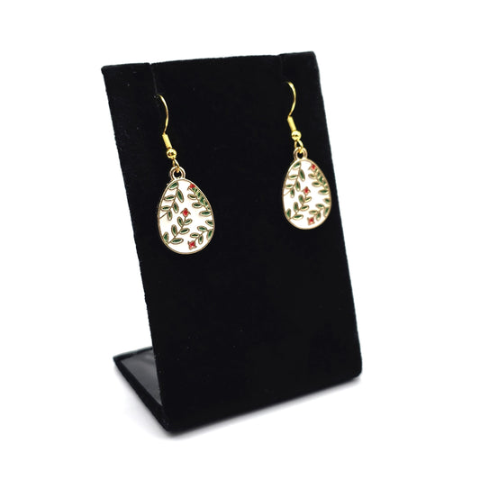 White Teardrop with Green Leaves and Red Flowers Earrings