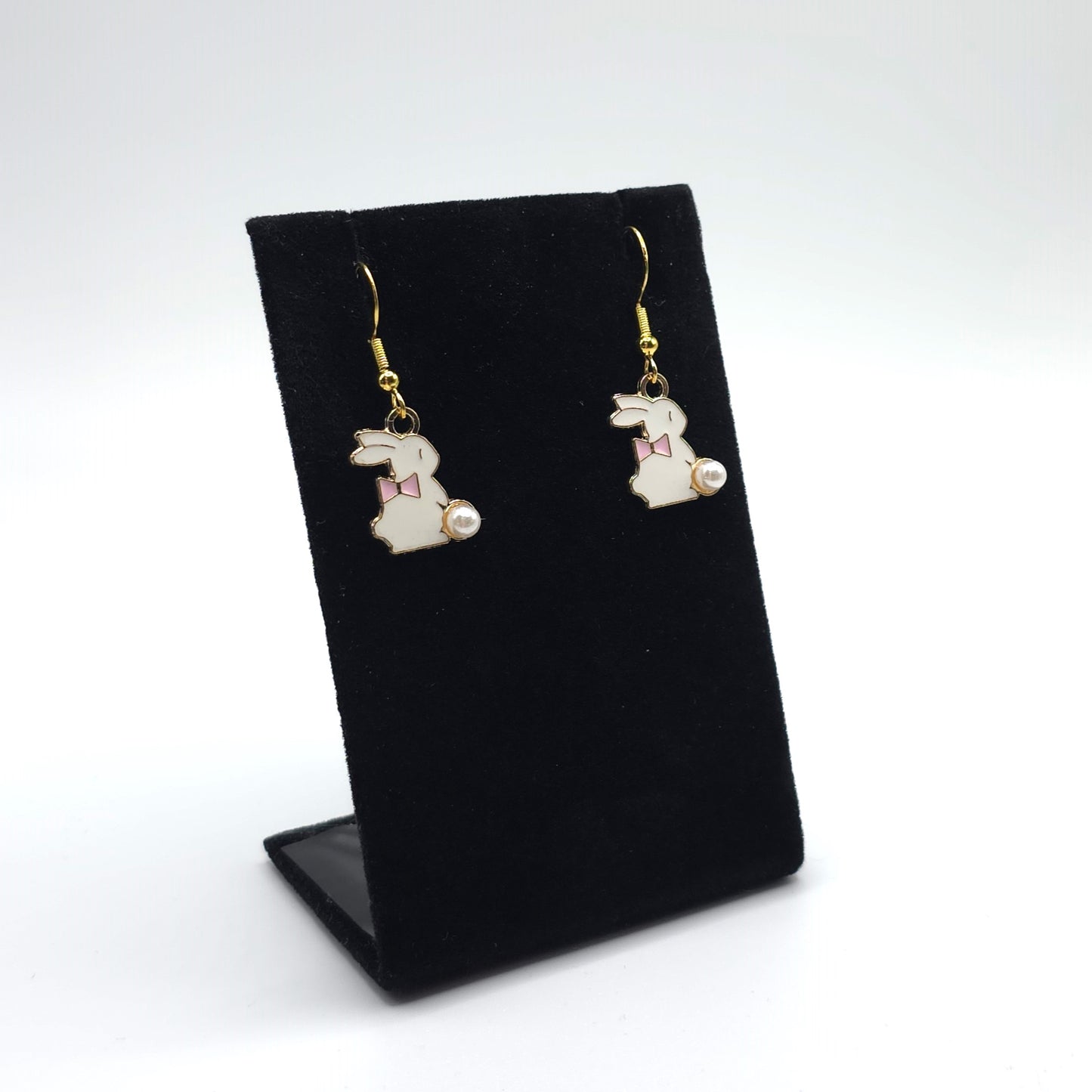 Cute Little Bunny with a Bow and Pearl Earrings