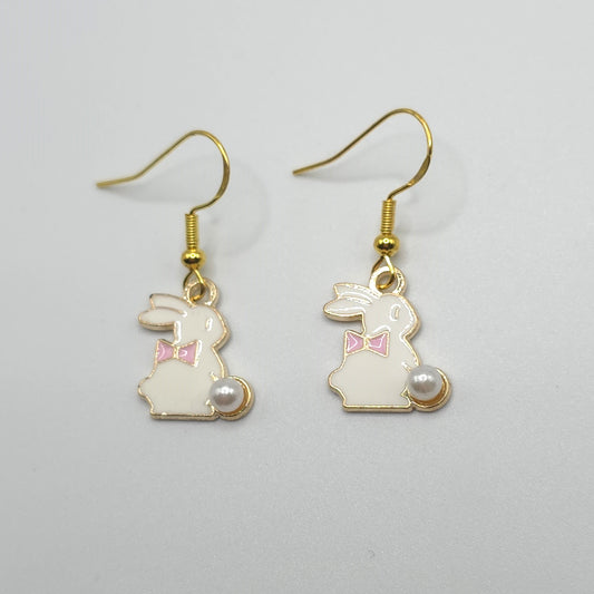 Cute Little Bunny with a Bow and Pearl Earrings