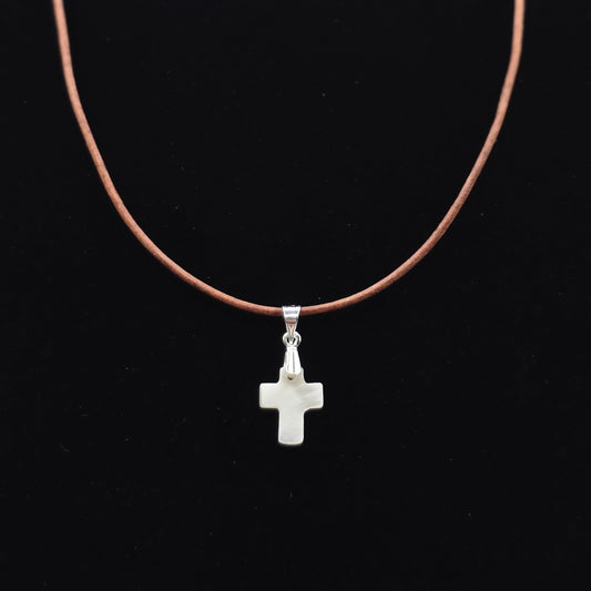 Mother of Pearl Cross with Silver on a Leather Cord
