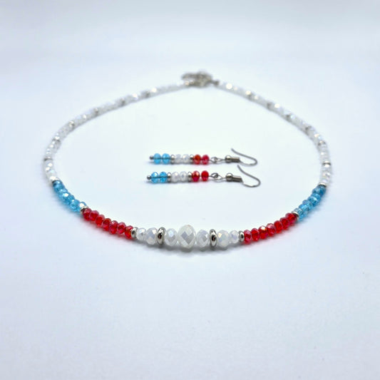 Red, White, and Blue 4 mm Crystal Beaded USA Necklace and Earring Set
