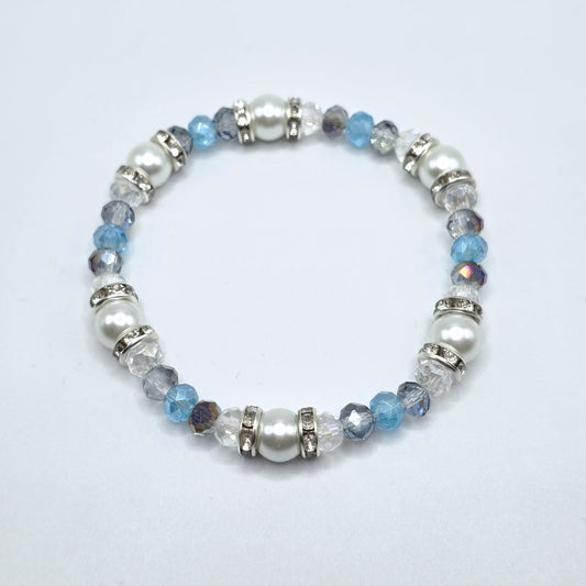 Aquamarine Crystal and White Glass Pearl Stretch Bracelet
