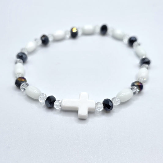 White Cross Crystal and Cat's Eye Glass Black and White Stretch Bracelet
