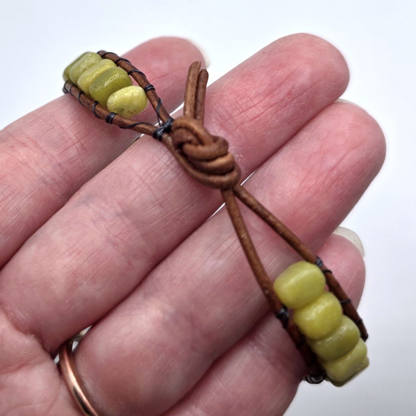 Olive New Jade Serpentine Stone Fidget Leather Wrap Bracelet