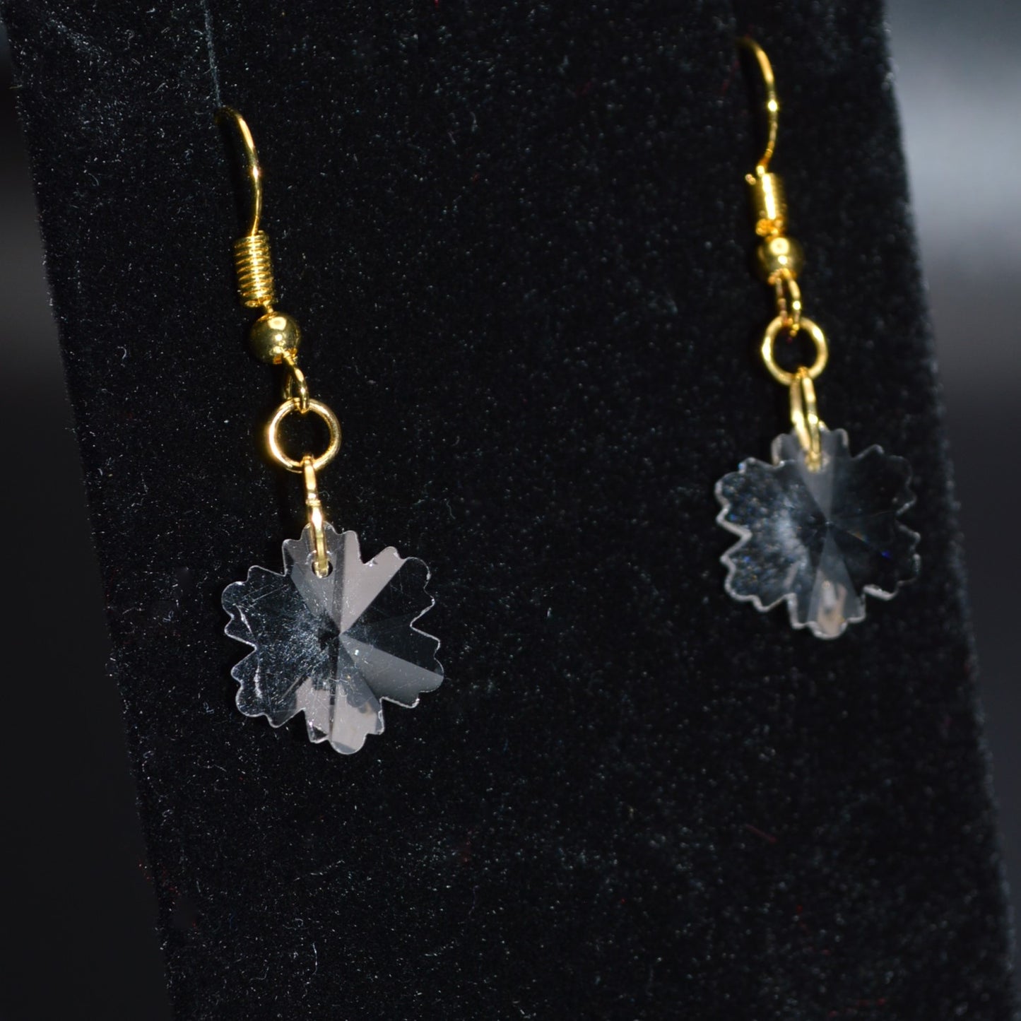 Clear Faceted Glass Snowflake Earrings with Gold Hooks
