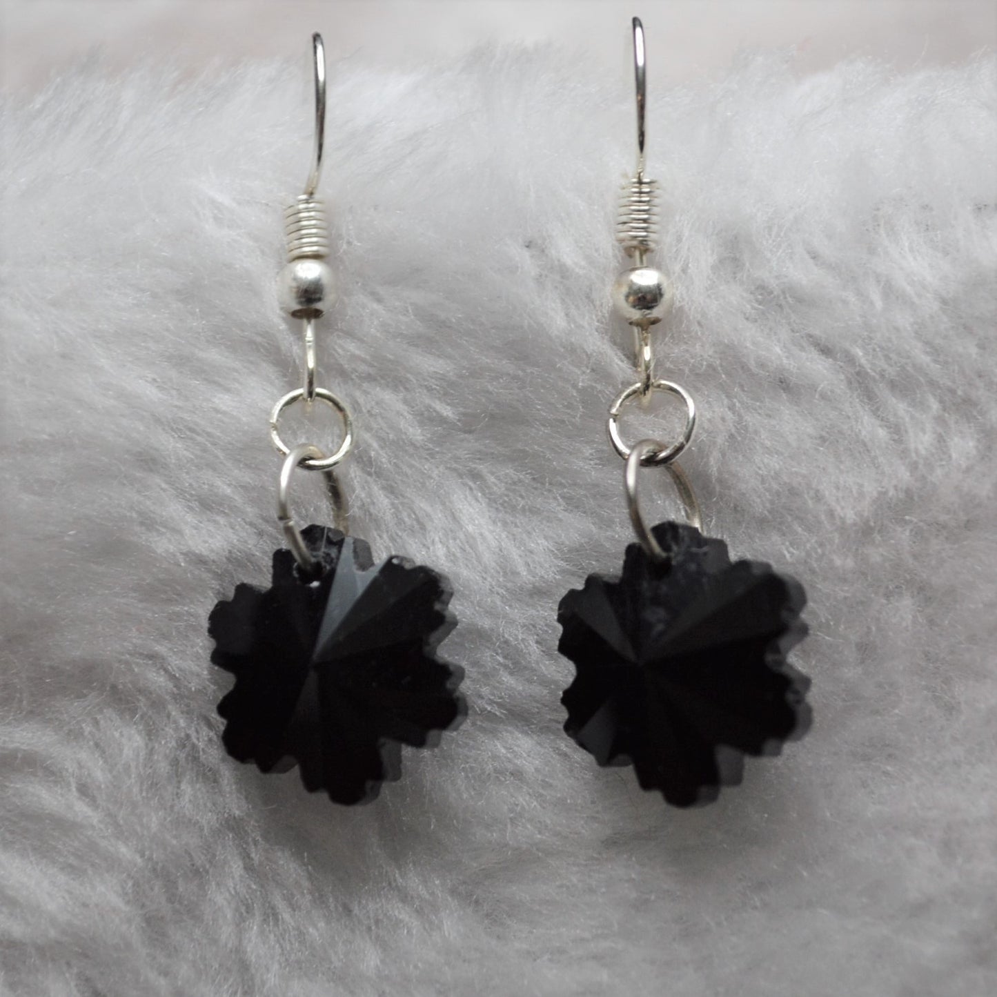 Black Faceted Glass Snowflake Earrings with Silver Hooks