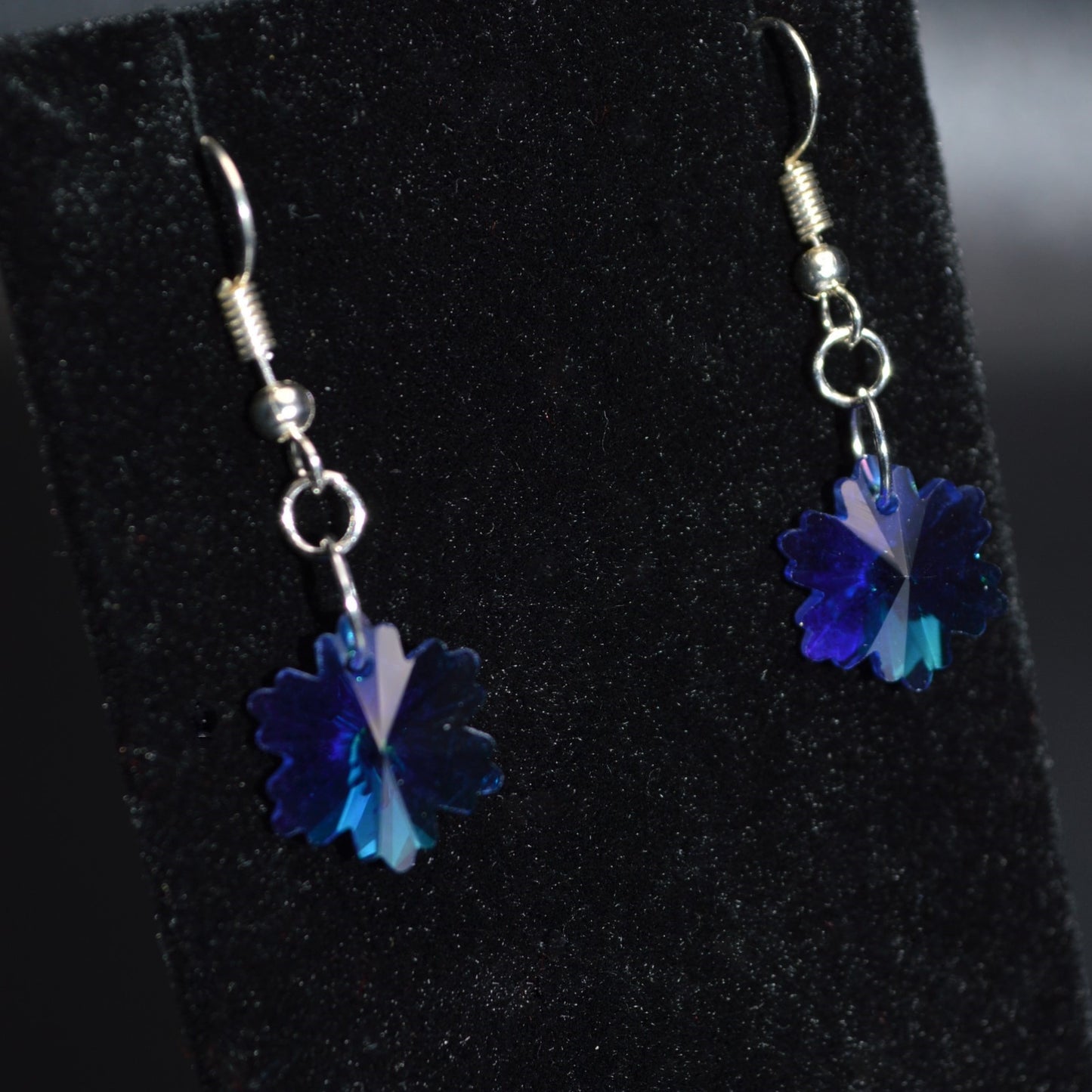 Blue Faceted Glass Snowflake Earrings with Silver Hooks