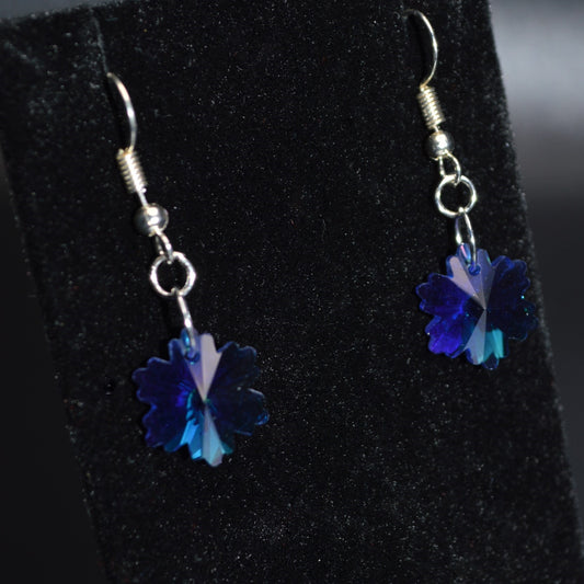 Blue Faceted Glass Snowflake Earrings with Silver Hooks
