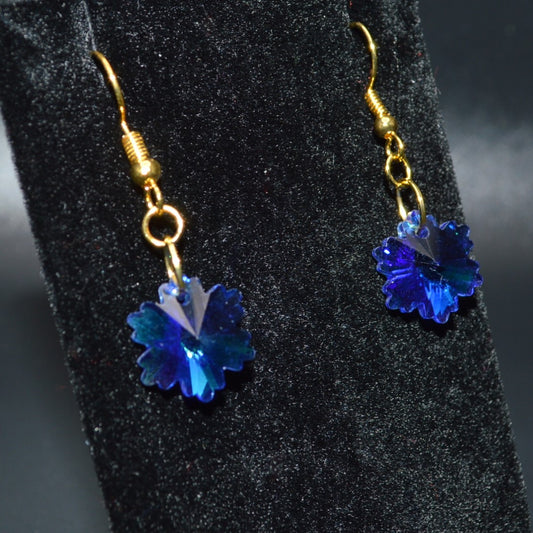 Blue Faceted Glass Snowflake Earrings with Gold Hooks