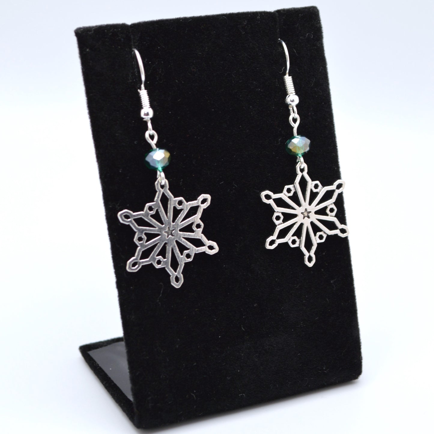 Snowflake Earrings Style 2 with Emerald Crystal Beads for Winter and Christmas