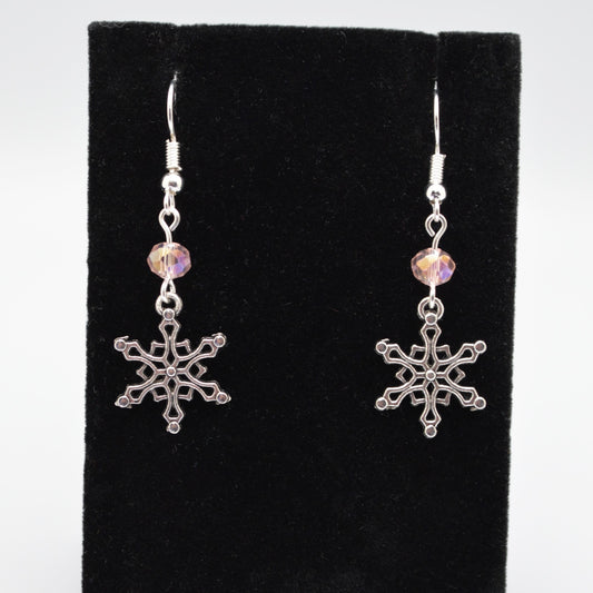 Snowflake Earrings Style 4 with Light Pink Crystal Beads for Winter and Christmas