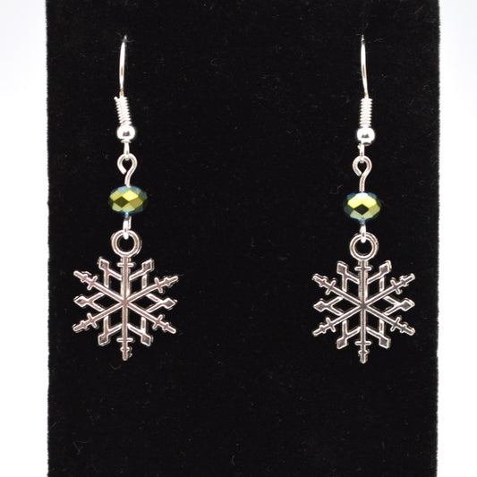Snowflake Earrings Style 5 with Green and Blue Plated Crystal Beads for Winter and Christmas