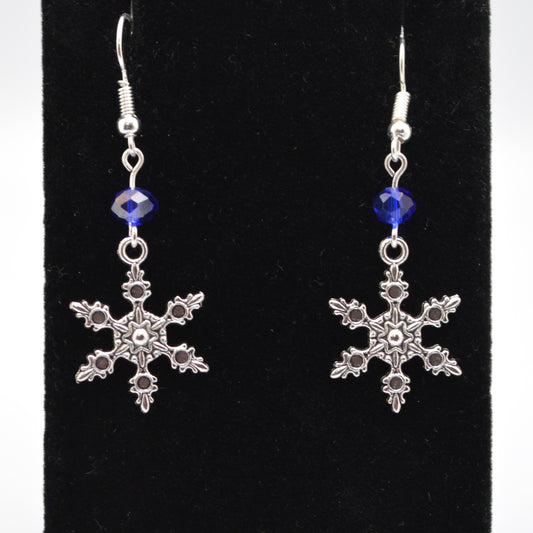 Snowflake Earrings Style 7 with Cobalt Blue Crystal Beads for Winter and Christmas