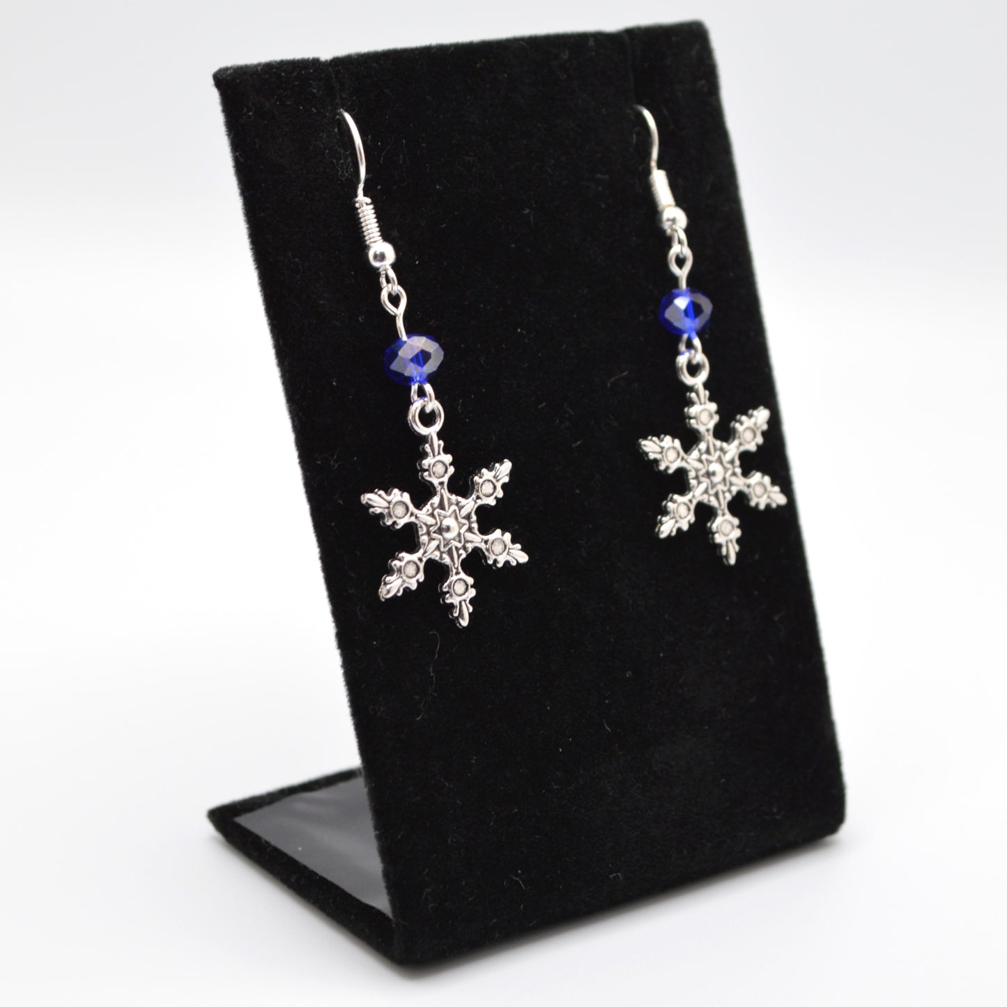 Snowflake Earrings Style 7 with Cobalt Blue Crystal Beads for Winter and Christmas