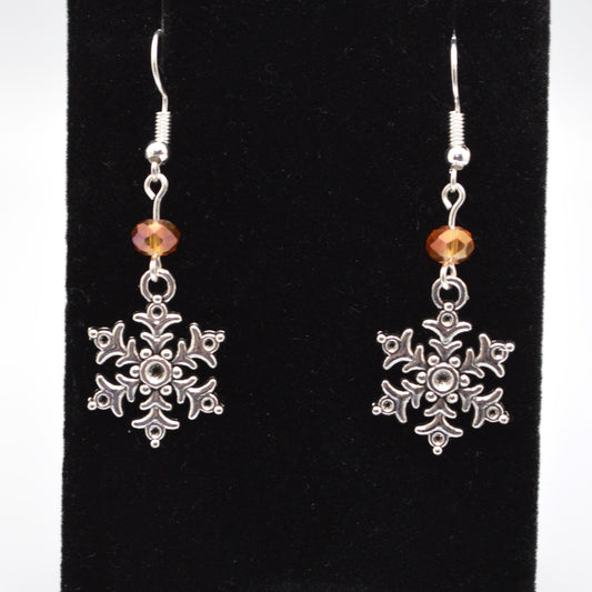 Snowflake Earrings Style 8 with Light Peach Crystal Beads for Winter and Christmas