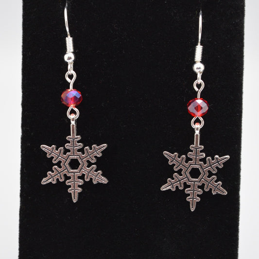 Snowflake Earrings Style 9 with Red Crystal Beads for Winter and Christmas