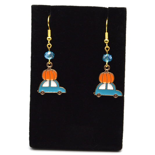 Blue Car and Pumpkin and Crystal Earrings