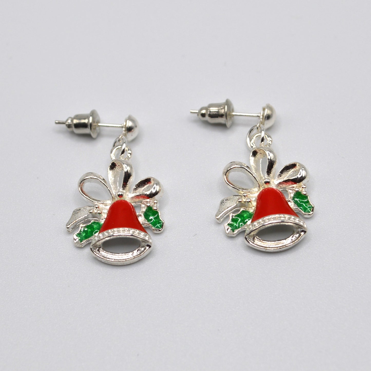 Red Bells with Mistletoe Silver Earrings
