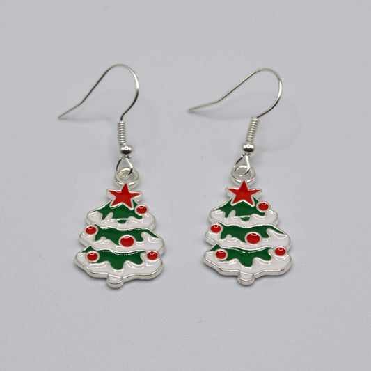 Snowy Christmas Tree Silver Earrings