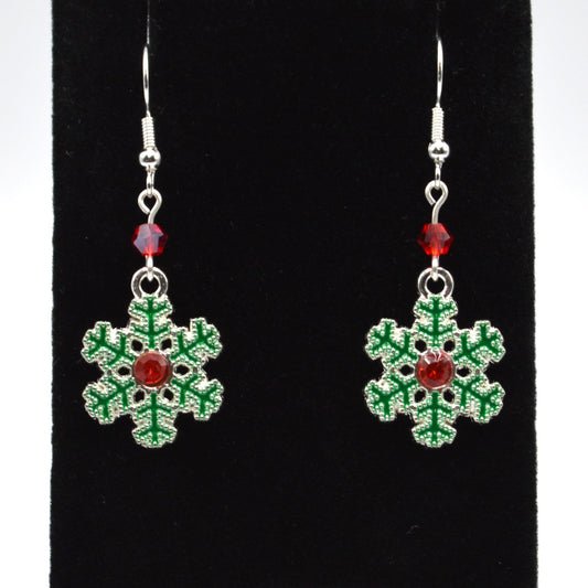 Snowflake Wreath with Red Crystals Silver Earrings for Winter and Christmas