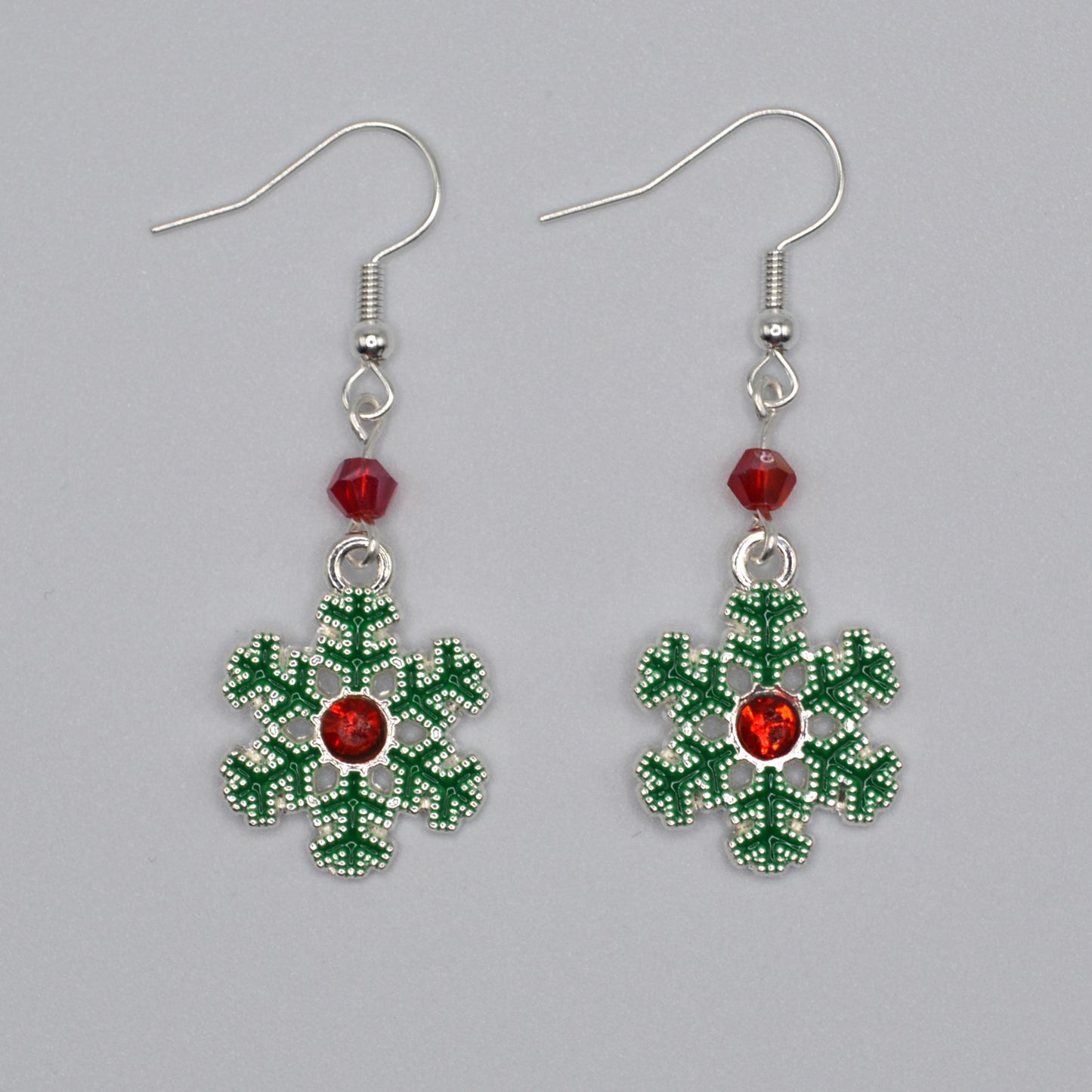 Snowflake Wreath with Red Crystals Silver Earrings for Winter and Christmas