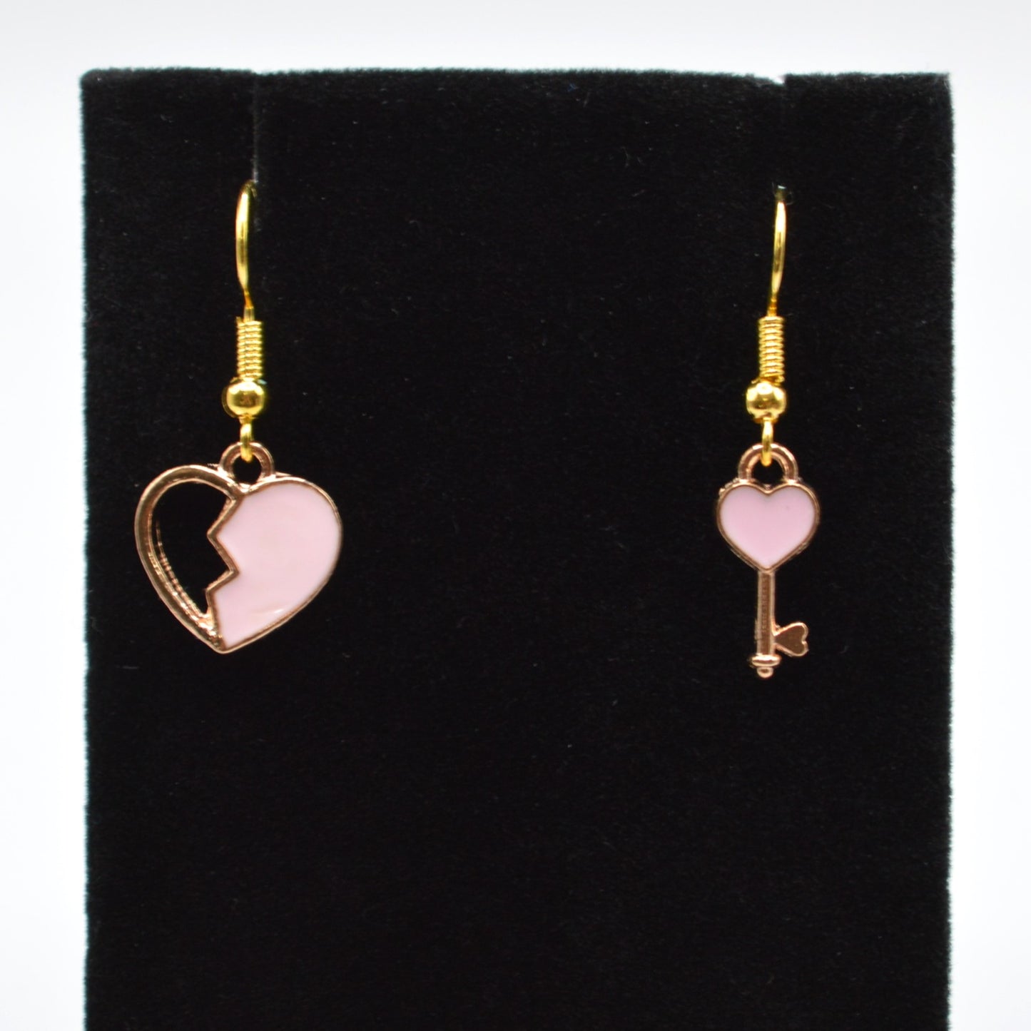 Pink Heart and Key Asymmetrical Earrings