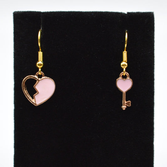 Pink Heart and Key Asymmetrical Earrings