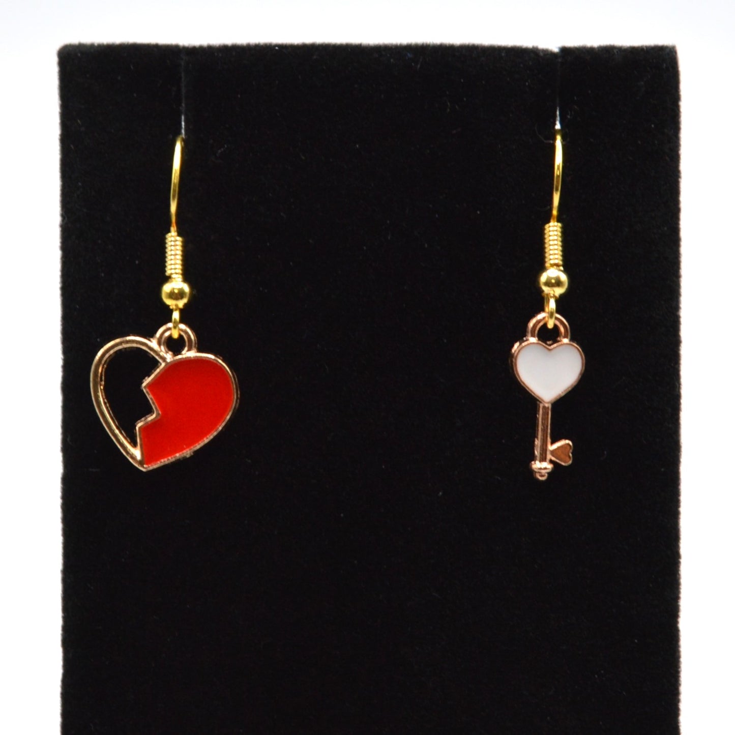 Red Heart and Key Asymmetrical Earrings
