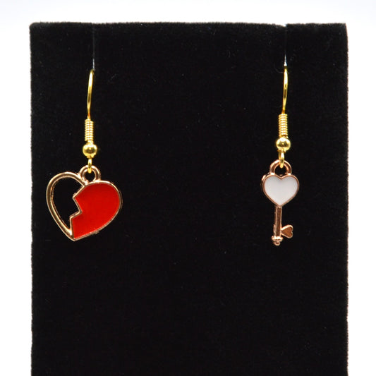 Red Heart and Key Asymmetrical Earrings