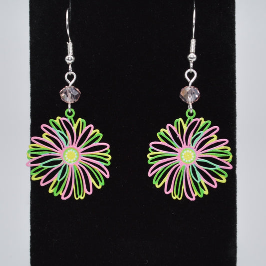 Pink, Green and Yellow Flower Earrings