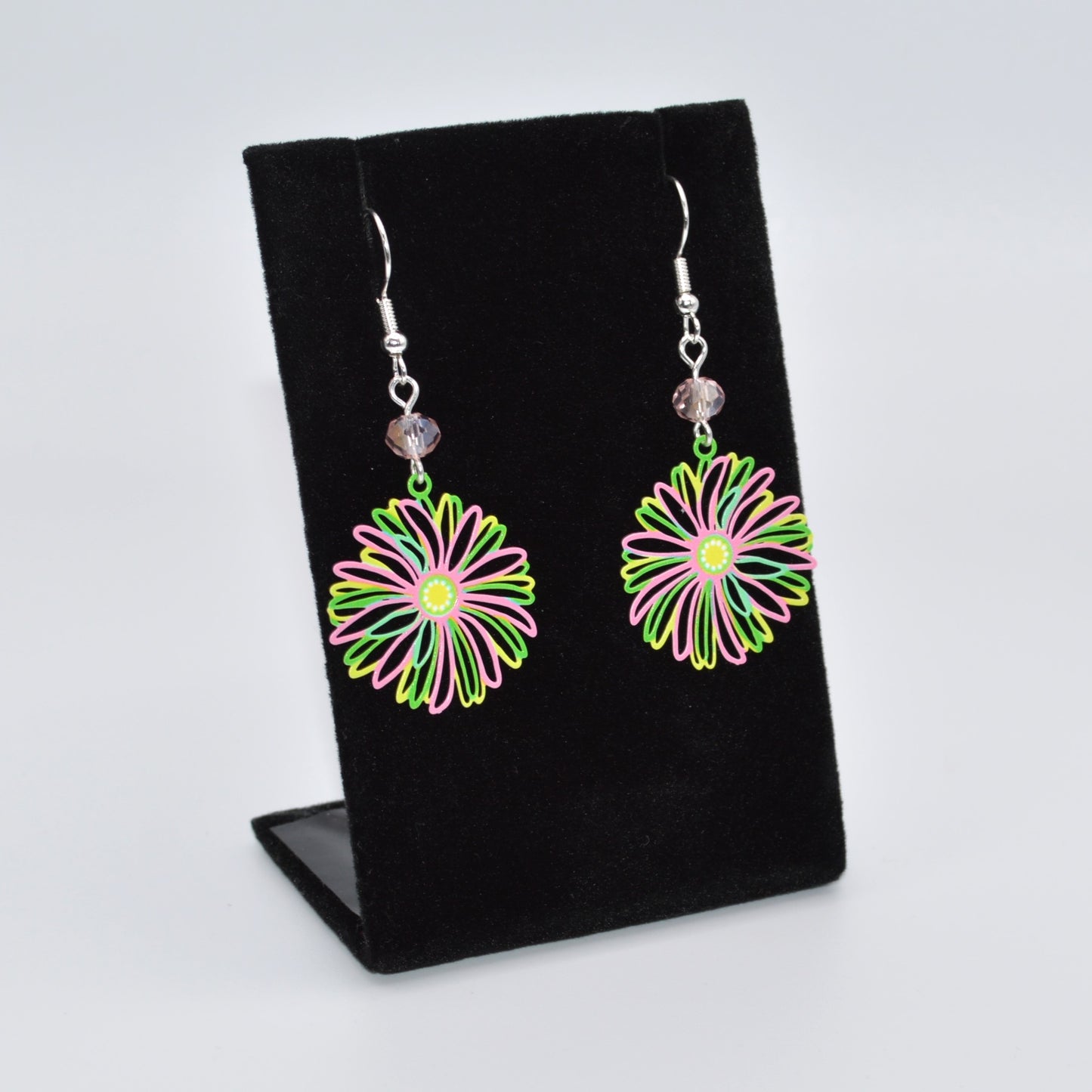 Pink, Green and Yellow Flower Earrings