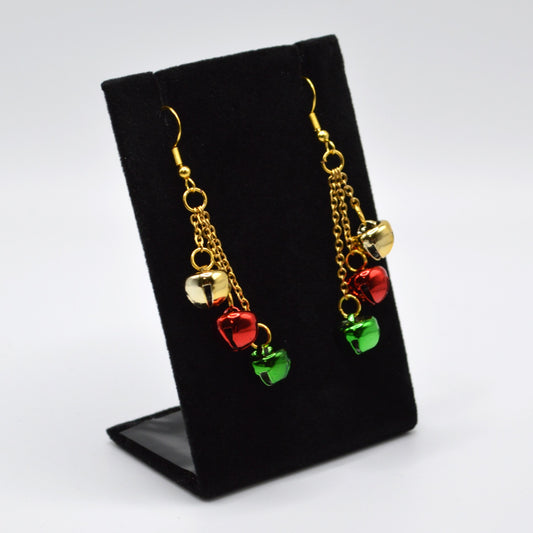 Red, Green and Gold Jingle Bells Christmas Earrings