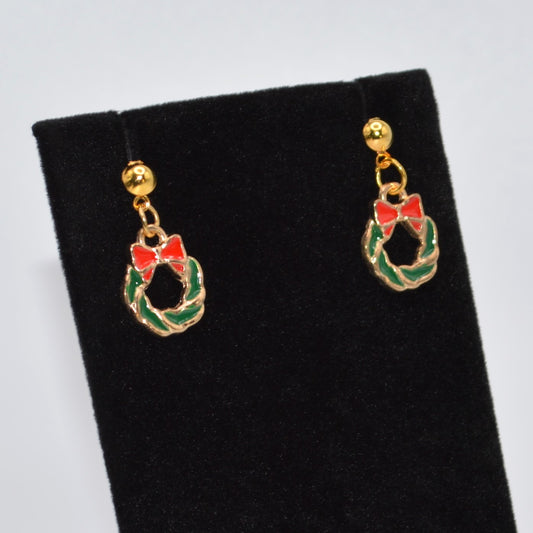 Small Green Wreath Christmas Earrings
