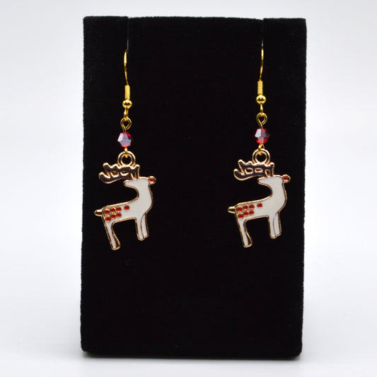 White Reindeer with a Red Crystal Christmas Earrings