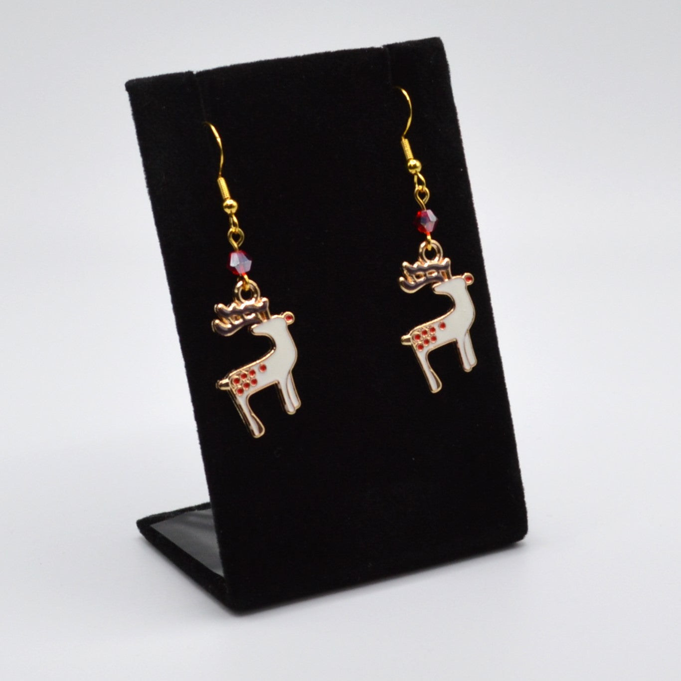 White Reindeer with a Red Crystal Christmas Earrings