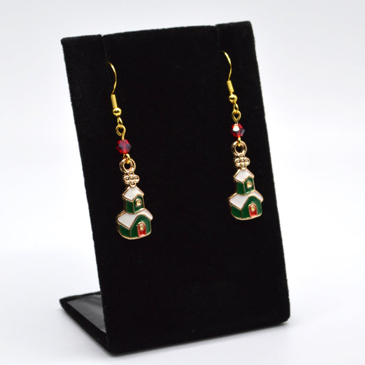 Little Country Church with a Red Crystal Christmas Earrings