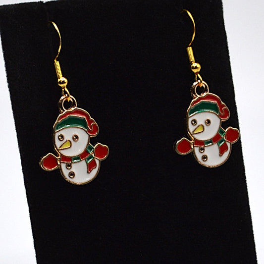 Snowman with a Red and Green Scarf Christmas Winter Earrings