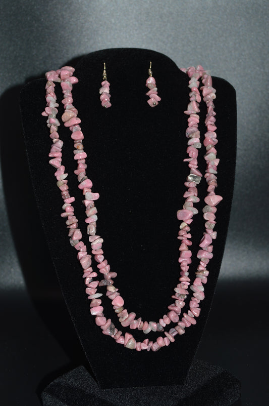 Pink Rhodonite Chips Double Stranded Necklace and Earring Set
